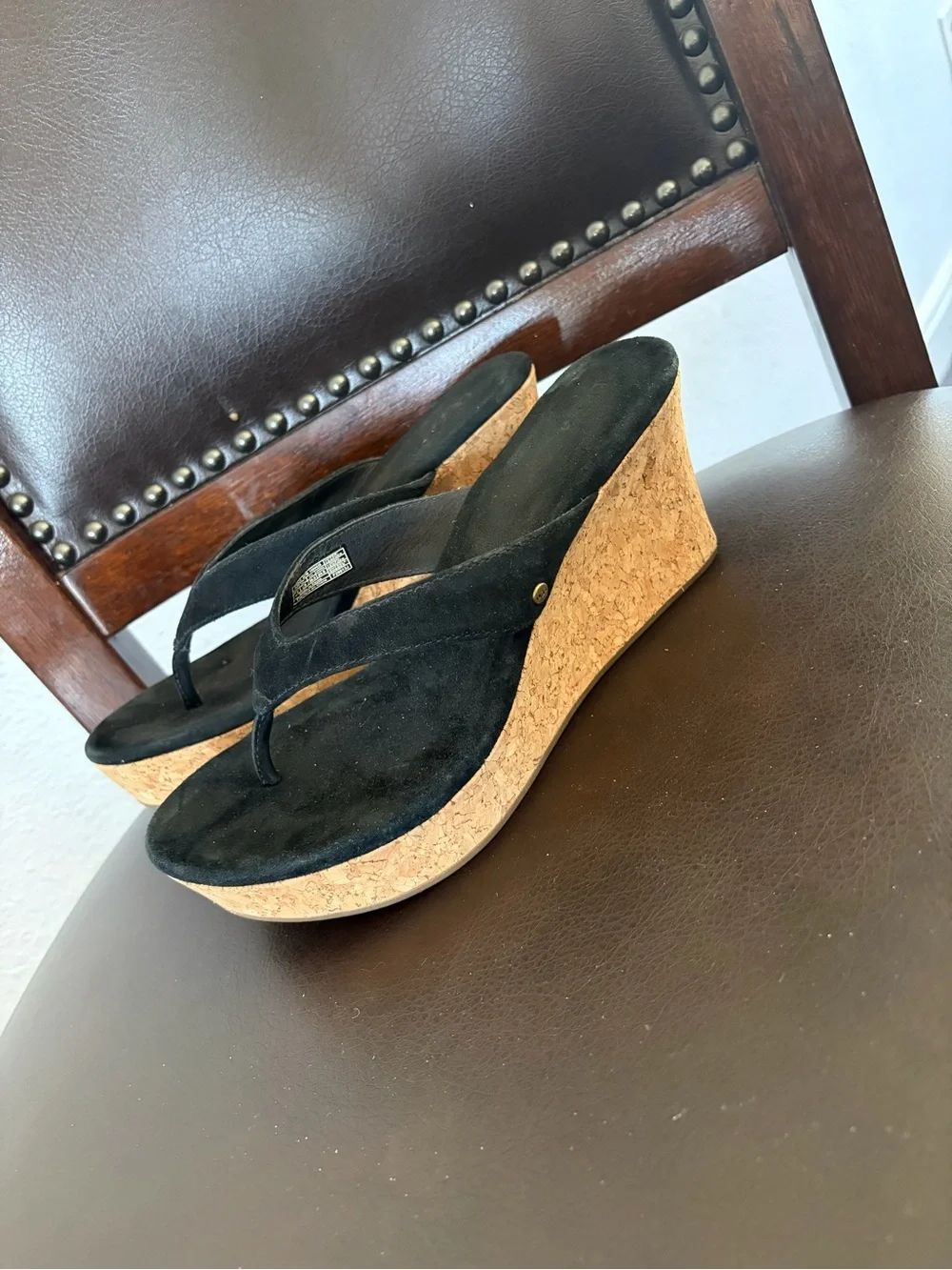 UGG Black Suede Cork Platform Thong Sandals